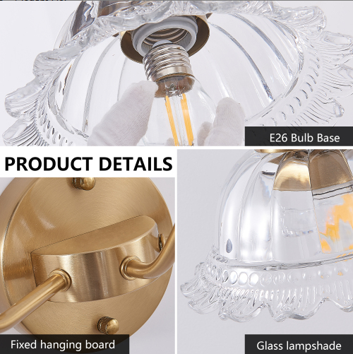 24 Inch 3-Light Vintage Bathroom Wall Sconce - Elegant Golden Metal And Glass Lampshade Vanity Light Fixture - view 3