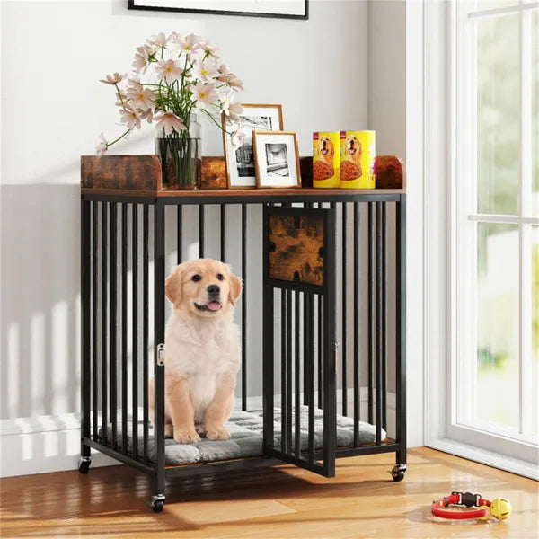 2-in-1 Dog Crate Furniture With Thickened Metal Tubes, Lockable Wheels Pet Kennel For Small Dogs - view 4