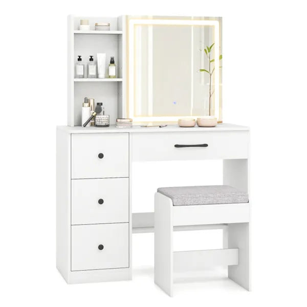 White Vanity Desk And Stool Set With Sliding Mirror & 3-Mode LED Light Strip