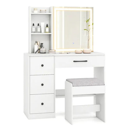 White Vanity Desk And Stool Set With Sliding Mirror & 3-Mode LED Light Strip