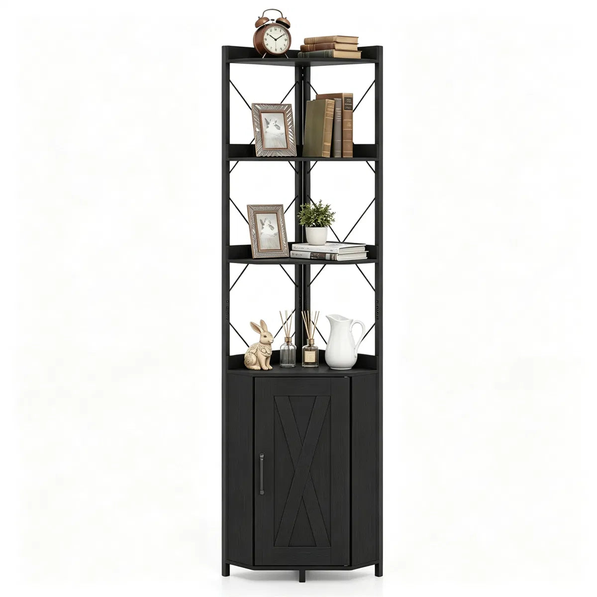 Freestanding Corner Display Shelf, Black Engineered Wood & Metal Bookcase with Concealed Cabinet - view 7