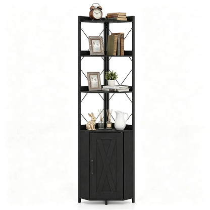 Freestanding Corner Display Shelf, Black Engineered Wood & Metal Bookcase with Concealed Cabinet - view 7
