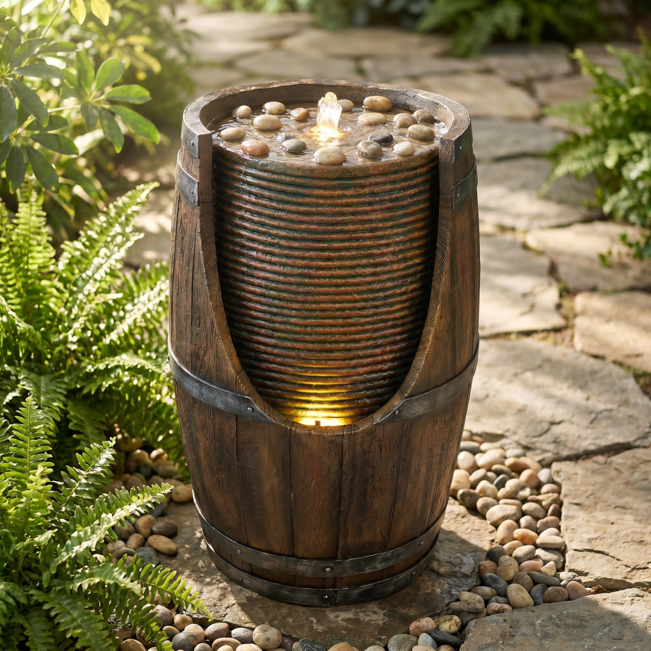 Outdoor Barrel Water Fountain With Lights Rustic Wood Look Resin Handmade Waterfall Garden Decor For Patio Yard Porch - view 2