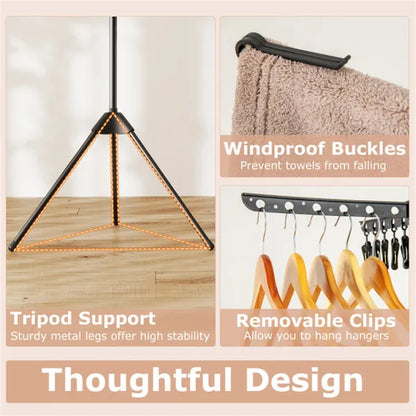 3-Tier Foldable Tripod Clothes Drying Rack With 24 Clips & 32 Rods, 70" Space Saving Laundry Dryer - view 3