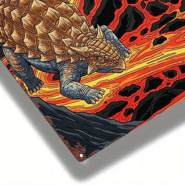 Vintage Ankylosaurus Metal Sign, Rustic Iron Wall Art With Volcanic Landscape - view 5