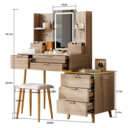 7-Drawer Vanity Desk With LED Mirror & Carved Details, Fluted Makeup Table With Metal Legs And PU Stool - view 3