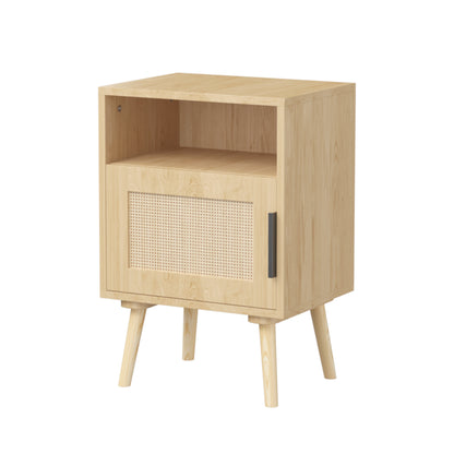 22.83'' H Rattan Nightstand, Side Table with Door Open Shelf, Accent Bedside End Table with Solid Wood Legs for Bedroom - view 8