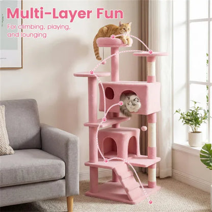 52" Tall Cat Tree Tower With Perches & Condos, Multi-Cat Playground With Scratching Posts (Pink) - view 5