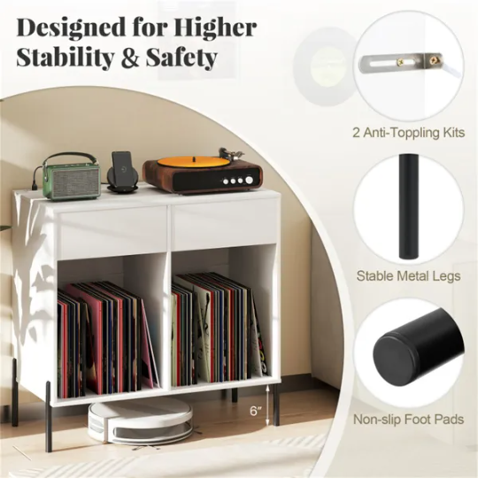 Record Player Storage Stand - Customizable Vinyl Compartments, Built-in Charging Station - view 4