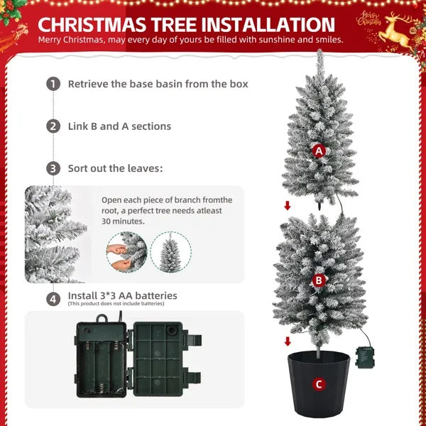 Set Of 3 Pre-lit Xmas Trees With Pot Stands, Snow Flocked Artificial Christmas Trees WithWarm Lights Battery Operated - view 5