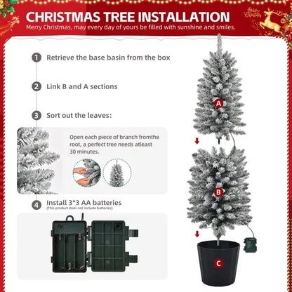 Set Of 3 Pre-lit Xmas Trees With Pot Stands, Snow Flocked Artificial Christmas Trees WithWarm Lights Battery Operated - view 5