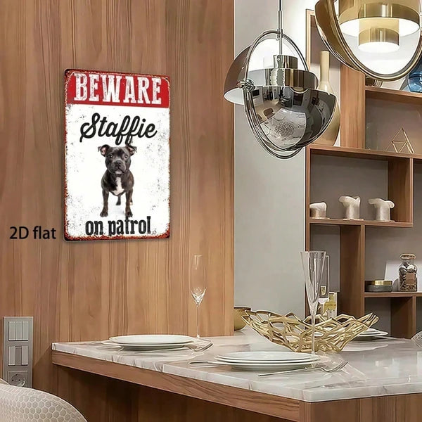 Vintage Metal Sign "Beware Staffie On Patrol" 8x12 Inch Rustic Farmhouse Wall Decor Humorous Warning Plaque Durable Tin - view 3