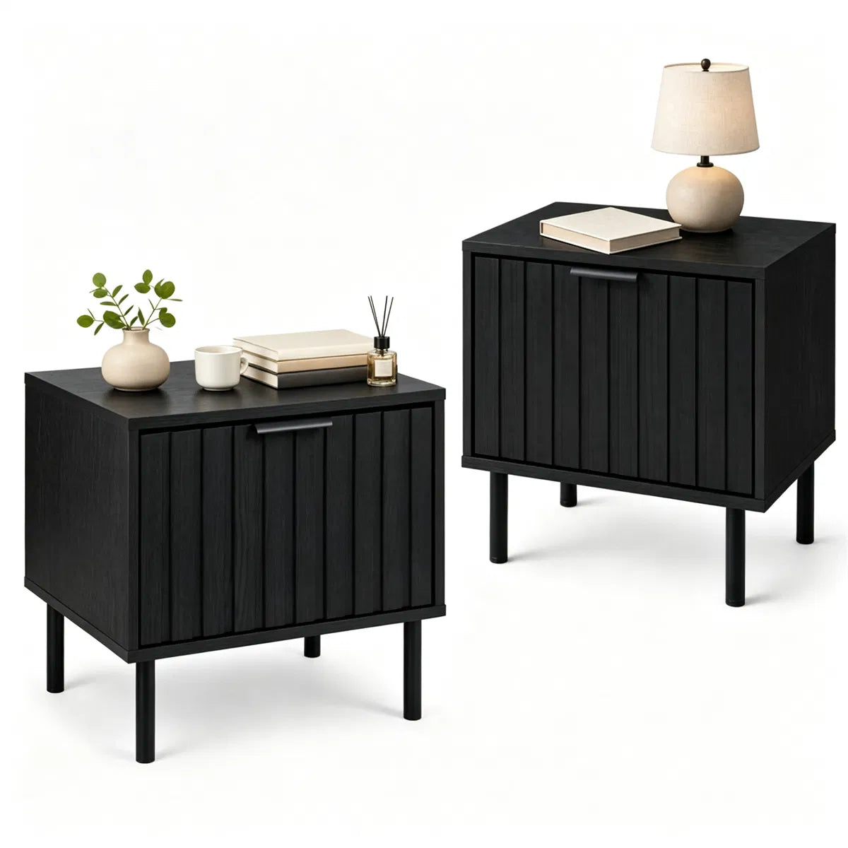 Black Fluted Drawer Nightstand Set of 2, Engineered Wood Metal Side End Table with Adjustable Foot Pads - view 9