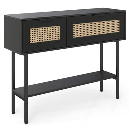 Black Rattan Console Table With Storage Cabinets & Open Shelf, 40 Inch Entryway Table With Sturdy Carbon Steel Frame - view 5