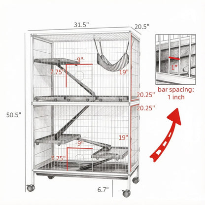 50 Inch Tall Rolling Ferret Chinchilla Cage Small Animal Pet Habitat with Hammock, 4 Doors, Removable Tray - view 6