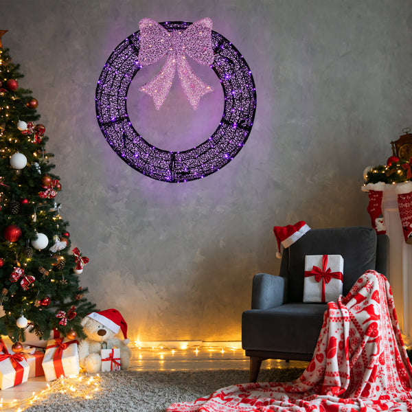 36in Pre-lit Outdoor Christmas Wreath Decoration, Lighted Metal Wreath With Purple Bow - view 8