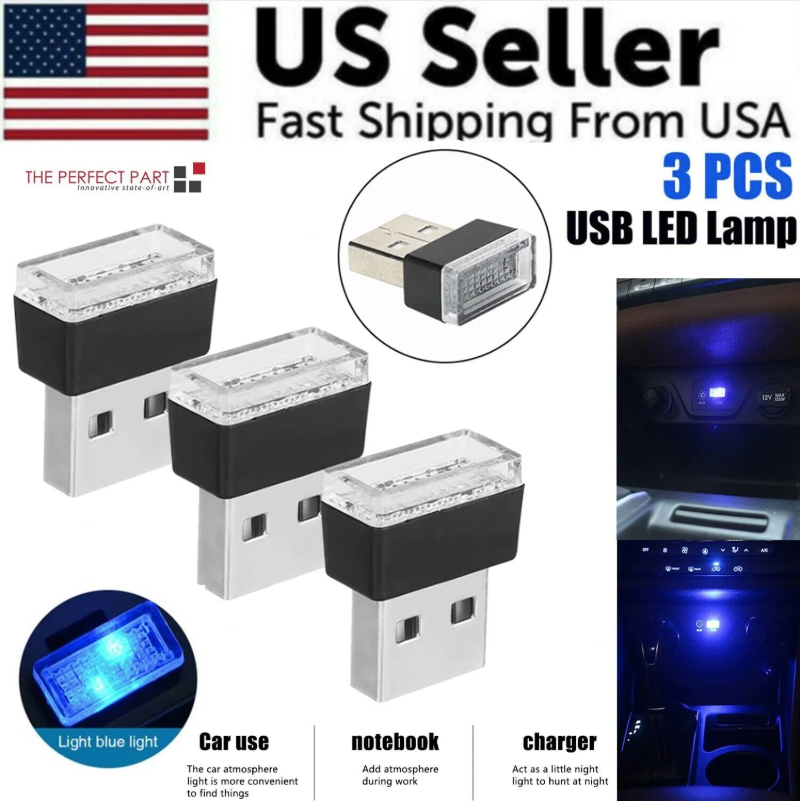 3x Mini Blue LED USB Car Interior Light Neon Atmosphere Ambient Lamp Accessories