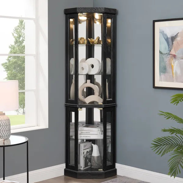 Lighted Corner Curio Cabinet - Display Case For Living Room, Antique Collectibles, Wine & Bar Glass Storage