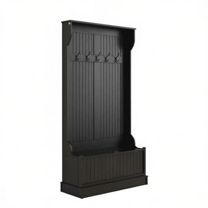 Black 3-In-1 Entryway Bench Coat Rack Hall Tree with Shoe Storage 5 Hooks for Hallway - Bench And Storage Furniture - view 3