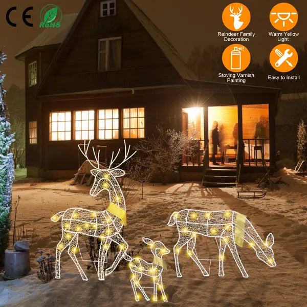 3 Sets Of Reindeer Family Lighted 2D Christmas Deer Decoration Warm Yellow Light 3 Lighting Modes Buck Doe Fawn Indoor