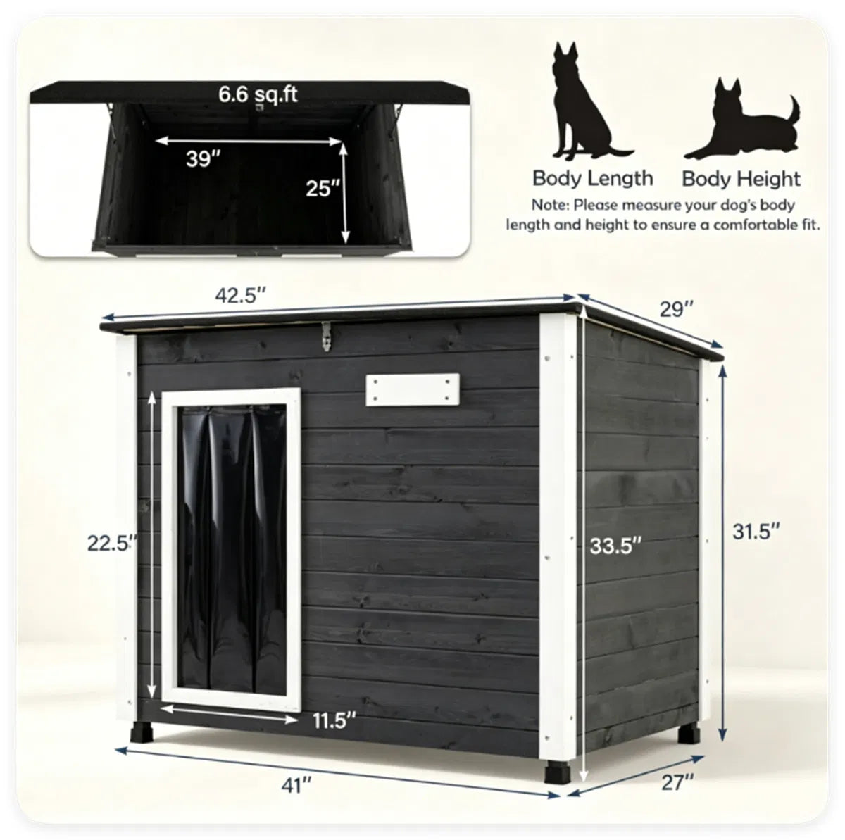 42.5" x 27" x 33.5" Outdoor Dog House with Sloped Asphalt Roof, Elevated Floor & Openable Roof Weatherproof Pet Kennel - view 2