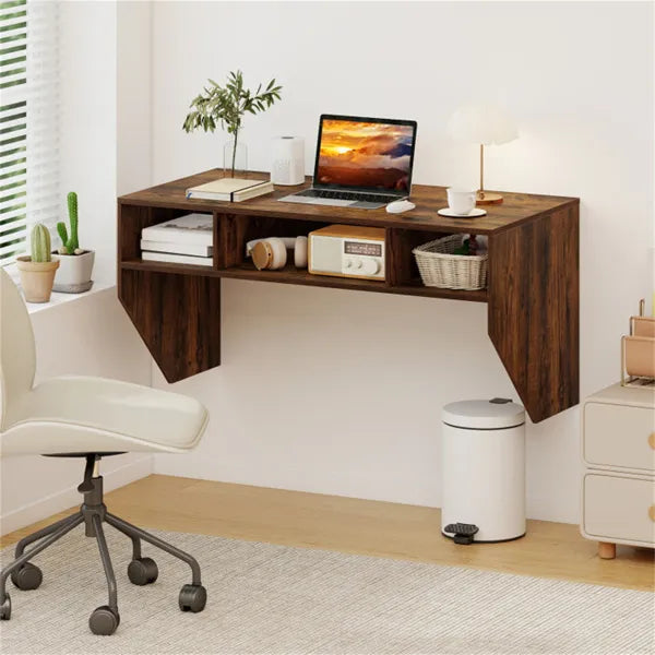 Rustic Brown Wall-Mounted Floating Computer Desk With 3-Cube Storage, Sturdy Wooden Workstation For Home Office - view 4