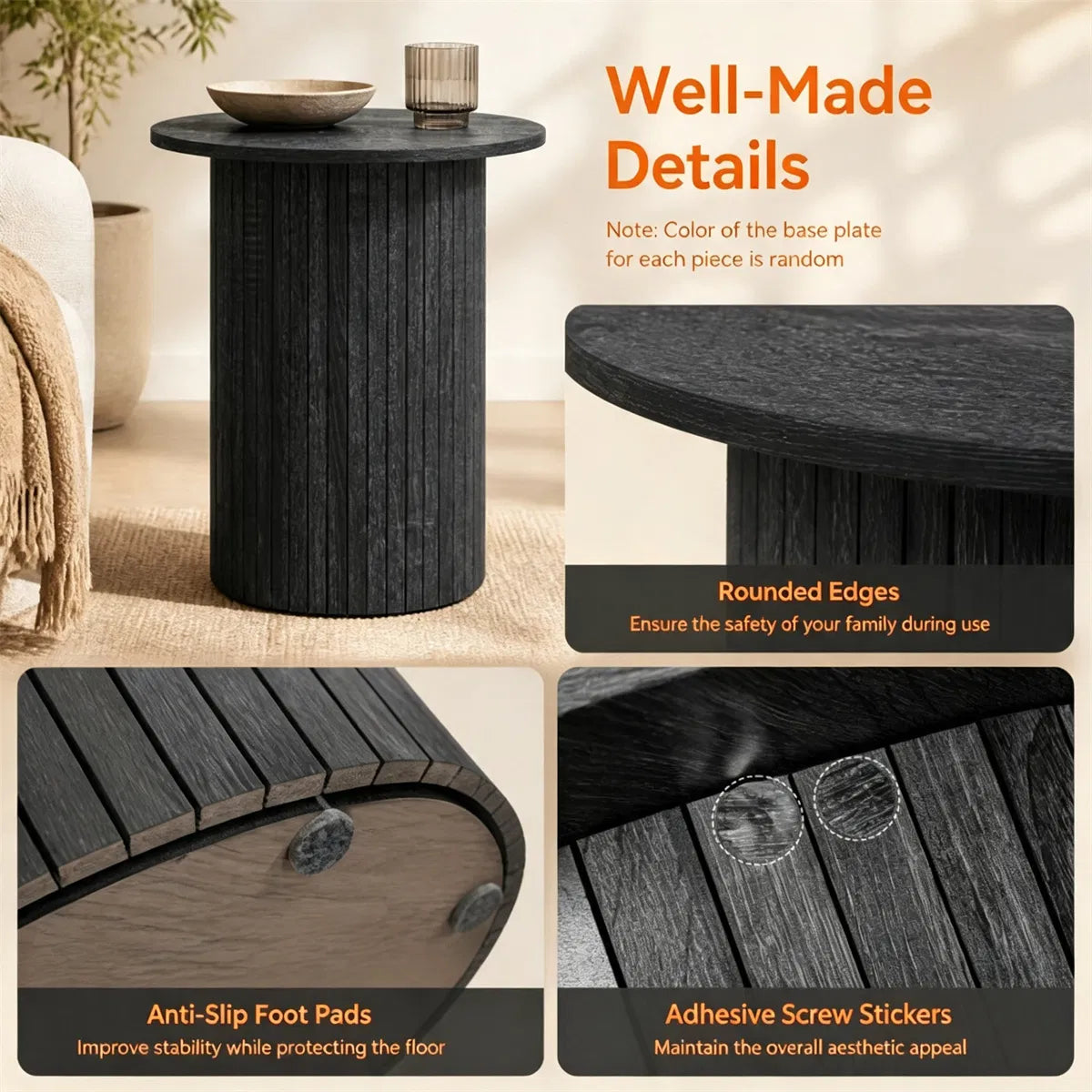 Minimalist Round Pedestal Side Table, Space-Saving Stable Nightstand with Rounded Edges & Anti-Slip Pads - view 5