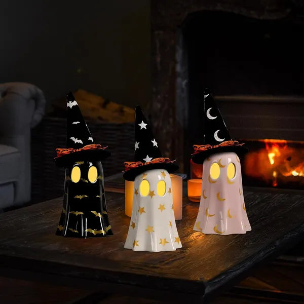 Halloween Decor Indoor, Set Of 3 Ceramic Ghosts With Witch Hats, Cute Spooky Ghost Figurines For Mantel - view 4