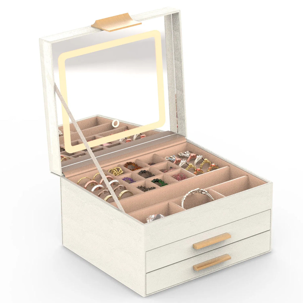 Jewelry Box With LED Mirror 3-Layer Jewelry Organizer With 2 Drawers PU Jewelry Holder With 3 Mirror Light Colors - view 5