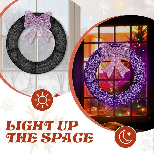 36in Pre-lit Outdoor Christmas Wreath Decoration, Lighted Metal Wreath With Purple Bow - view 4
