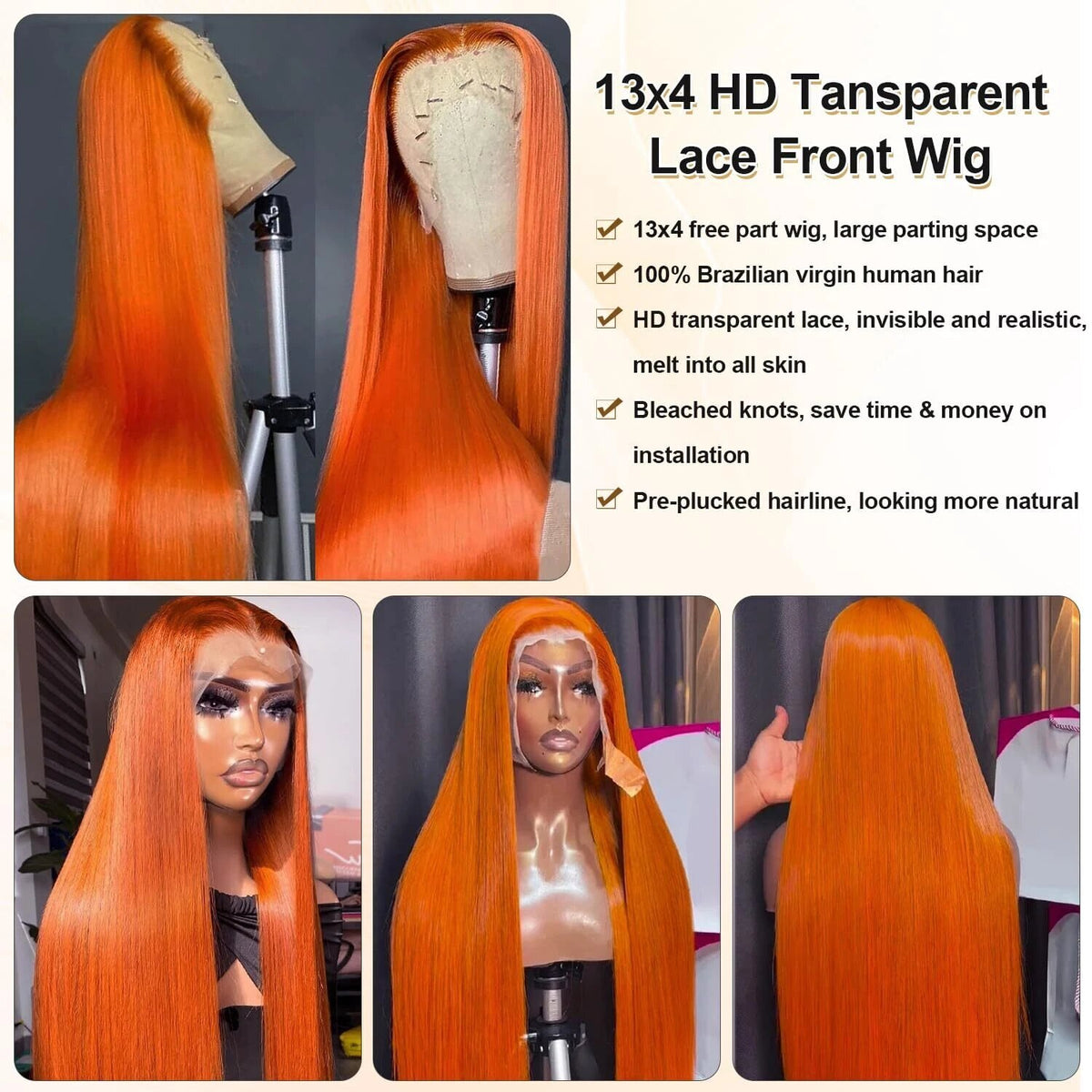 13x4 Straight Human Hair Lace Front Wig Ginger Yellow Density - view 5