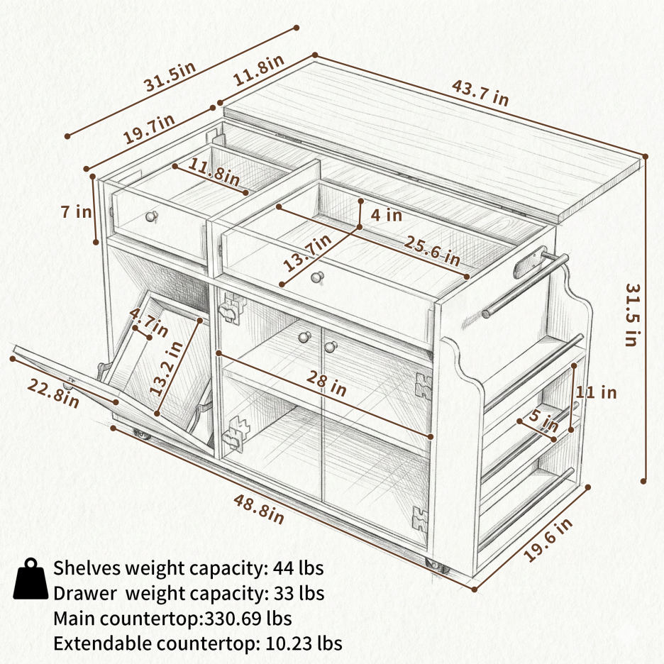 Kitchen Island With Storage Rolling Kitchen Island Cart With Drop Leaf Extension, Natural Wood Top, Drawers, Spice Rack - view 5