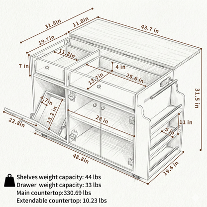 Kitchen Island With Storage Rolling Kitchen Island Cart With Drop Leaf Extension, Natural Wood Top, Drawers, Spice Rack - view 5