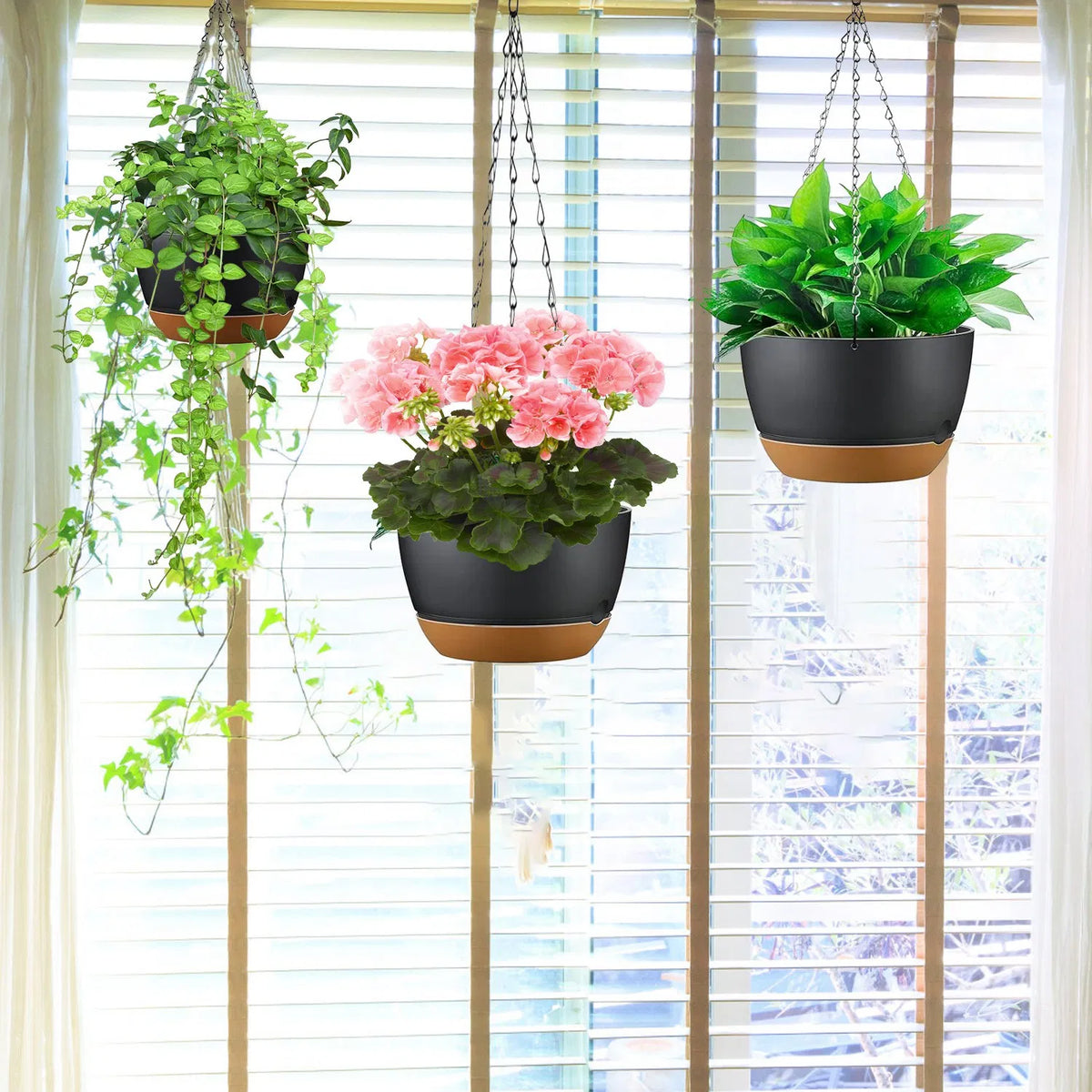 4Pcs 9.64In Diameter Hanging Planter With Drainage Holes Removable Self-Watering Tray Plastic Hanging Flower Plant Pots - view 8