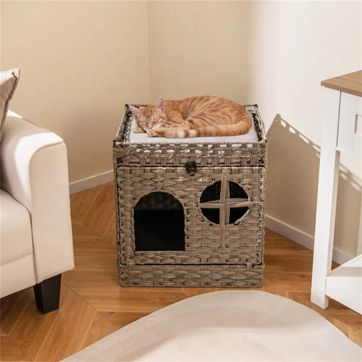 2-Tier Wicker Cat Condo with Litter Mat - Hidden Litter Box Enclosure, Detachable Washable Cushion, Gray Rattan - view 6