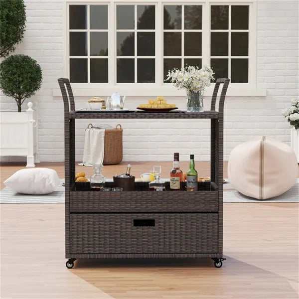 Handwoven PE Rattan Outdoor Bar Cart With Tempered Glass Top & Drawer, 4 Wheels With Brakes Serving Cart For Patio - view 4