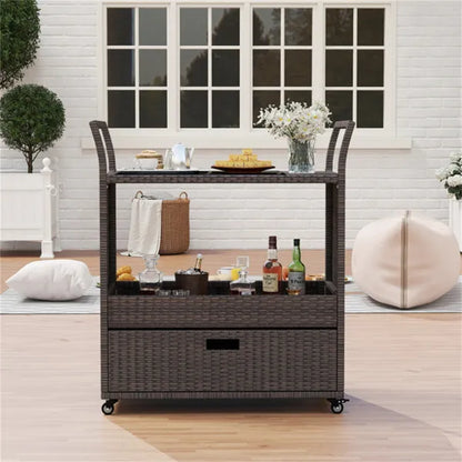 Handwoven PE Rattan Outdoor Bar Cart With Tempered Glass Top & Drawer, 4 Wheels With Brakes Serving Cart For Patio - view 4
