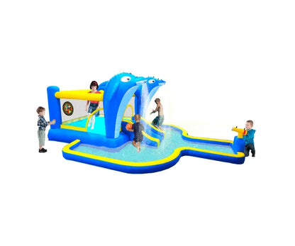 8 In1 Inflatable Slide Water Park Trampoline Bouncing House Outdoor Garden With Dolphin Sprinkler & Target Games & - view 5