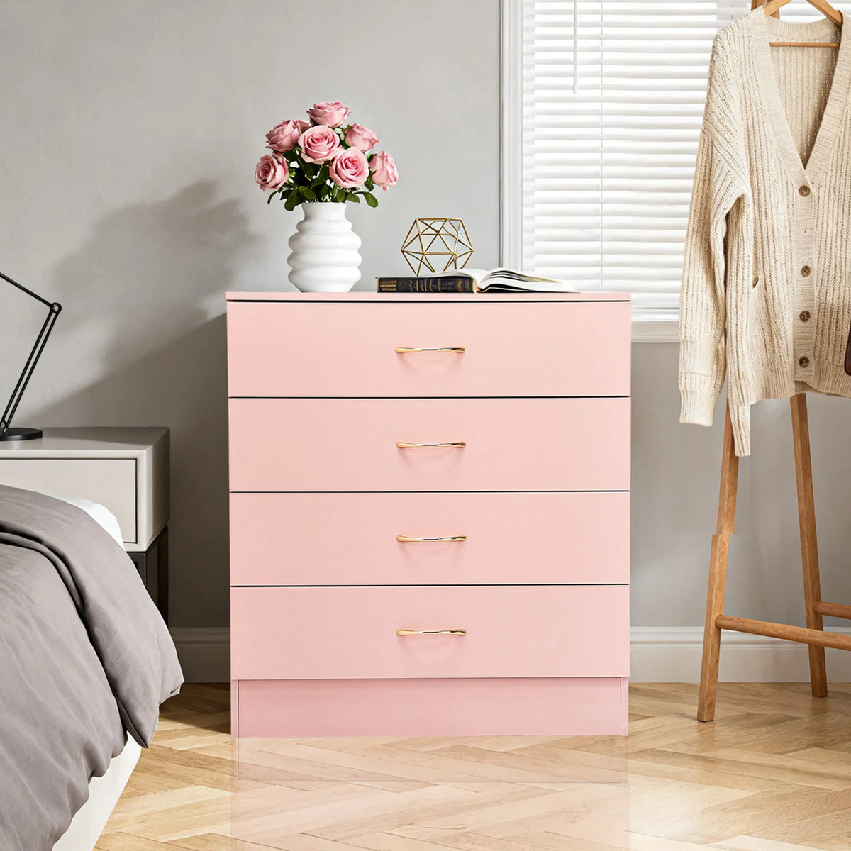25.98"*12.99"*30.42" 4-Drawer Cabinet Faux Rose Gold Handles Pink