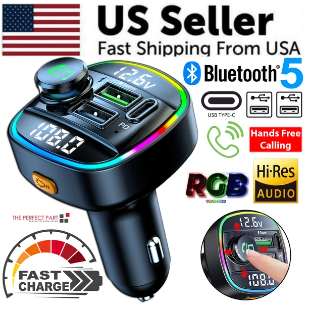 Bluetooth 5.0 Car Wireless FM Transmitter Adapter USB PD Charger AUX Hands-Free