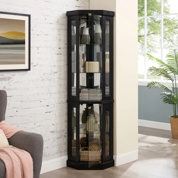 Lighted Corner Curio Cabinet - Display Case For Living Room, Antique Collectibles, Wine & Bar Glass Storage - view 3