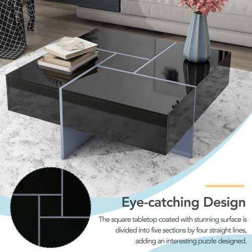 Unique Design Coffee Table With 4 Hidden Storage Compartments, Square Cocktail Table With Extendable Sliding Tabletop - view 4