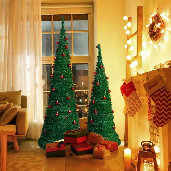 2 Pack, 6FT 5FT Artificial Up Christmas Tree With Red Ball Ornaments For For Home Office Store Holiday Deco, Green - view 2