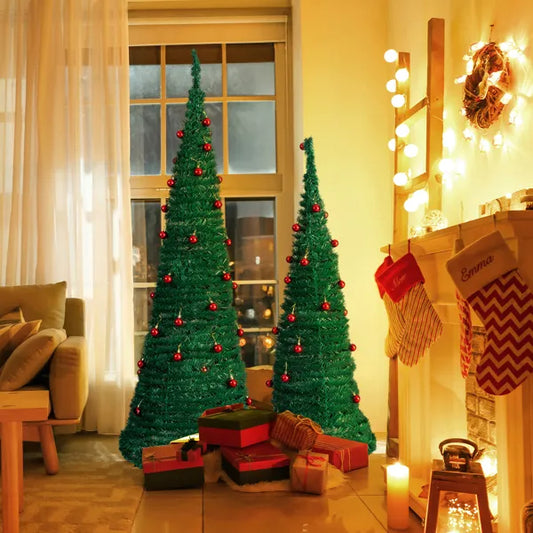 2 Pack, 6FT 5FT Artificial Up Christmas Tree With Red Ball Ornaments For For Home Office Store Holiday Deco, Green - view 2