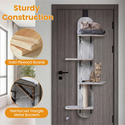 Door Hanging Cat Tree 5-Level Height Adjustable 4-Tier Climber No-Drill for Apartment Grey - view 10