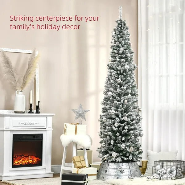 7.5ft Flocked Christmas Tree, Pencil Christmas Tree With Realistic Branch Tips, Folding Metal Stand, Green - view 3
