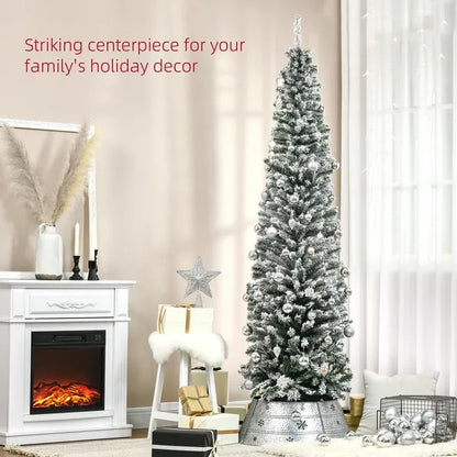 7.5ft Flocked Christmas Tree, Pencil Christmas Tree With Realistic Branch Tips, Folding Metal Stand, Green - view 3