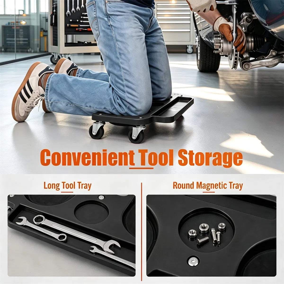 Black Rolling Knee Creeper with EVA Foam Cushioned Pads, 300 LBS Capacity Garage Knee Dolly with Magnetic & Long Tool - view 2