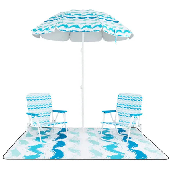 4-Piece Beach Set With 6.2ft Sun-Proof Umbrella, 2 Folding Chairs & 80 X 80 Waterproof Blanket-Blue - view 3