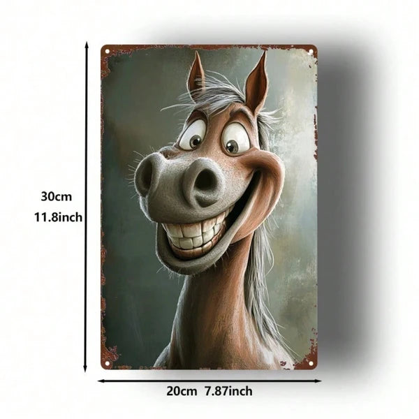1pc Retro Cartoon Horse Head Metal Sign, Vintage Tin Painting Wall Decor, Humorous Country Style Iron Plate Art - view 2